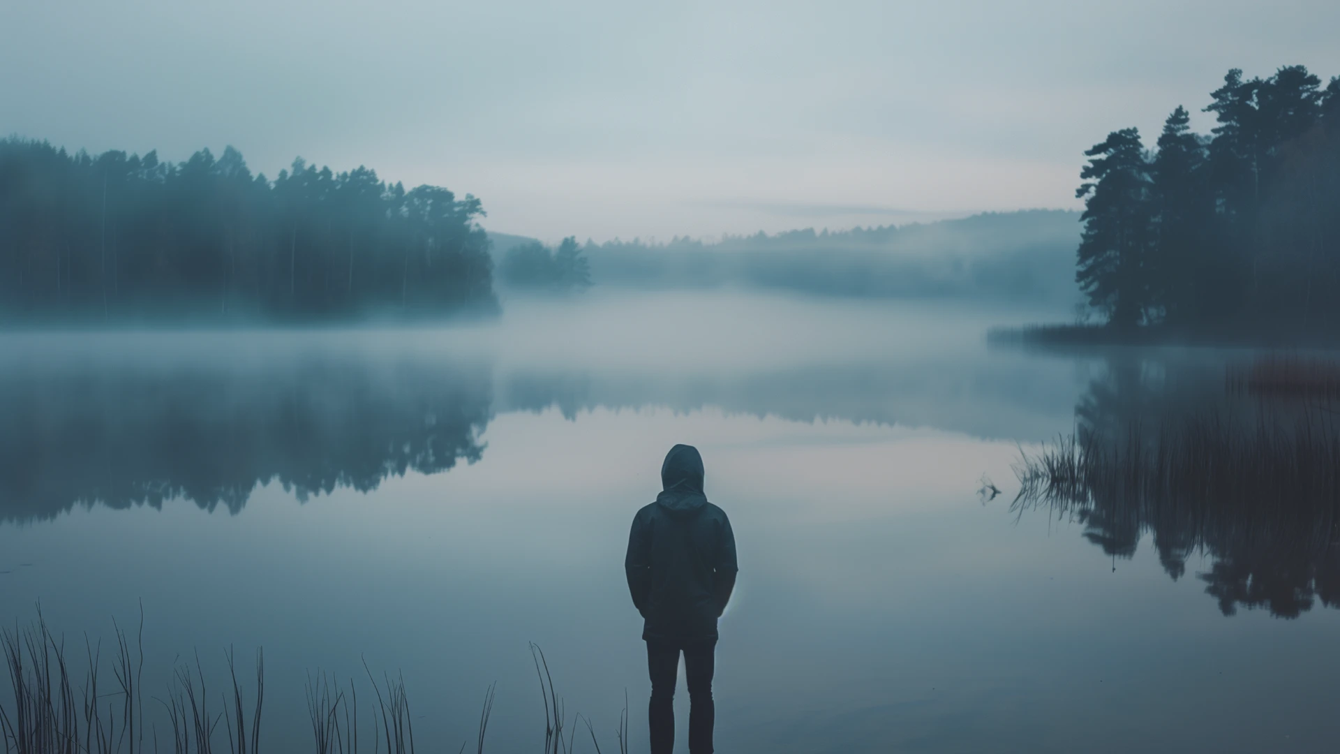 Titelbild zum Artikel „Spiegelbilder – Was wir in anderen sehen“. Zu sehen ist ein bewölkter Himmel über einem See. Am Ufer links und rechts ist zum Hintergrund zulaufend Wald zu sehen. Im Vordergrund steht eine Person am Ufer, von der nur die Silhouette zu sehen ist.